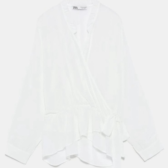 Zara Sheer Faux-Wrap Blouse w Tie Dolman Sleeve Ruffled Collared White Sz S - Picture 11 of 14